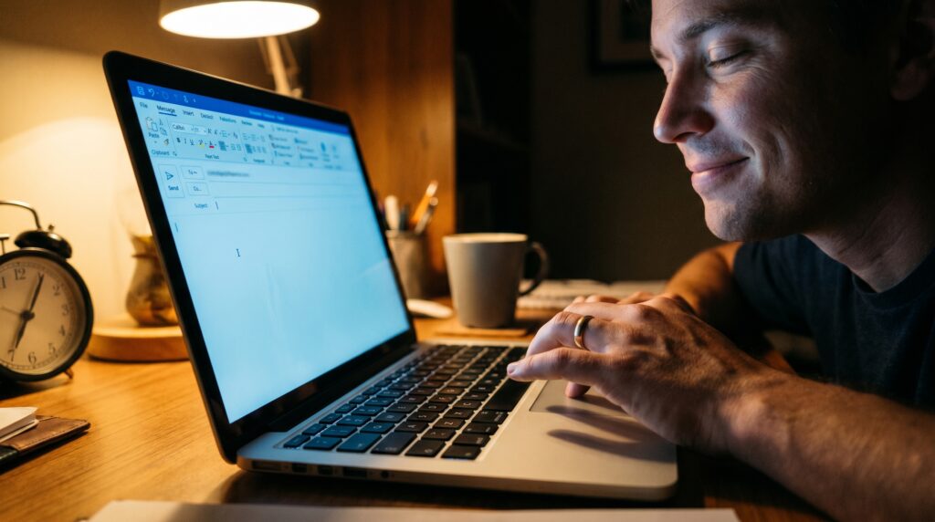 man sending an overdue email at night after a memento mori moment