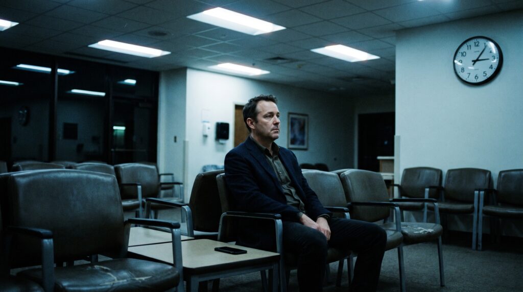 man sitting alone in hospital waiting room reflecting on mortality