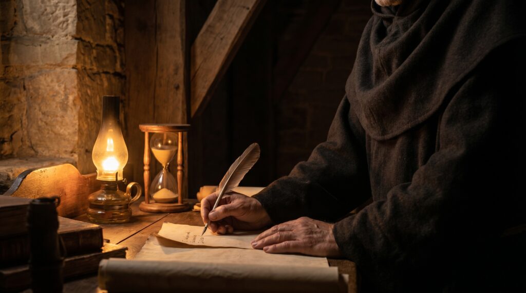 medieval monk writing by candlelight, practicing memento mori