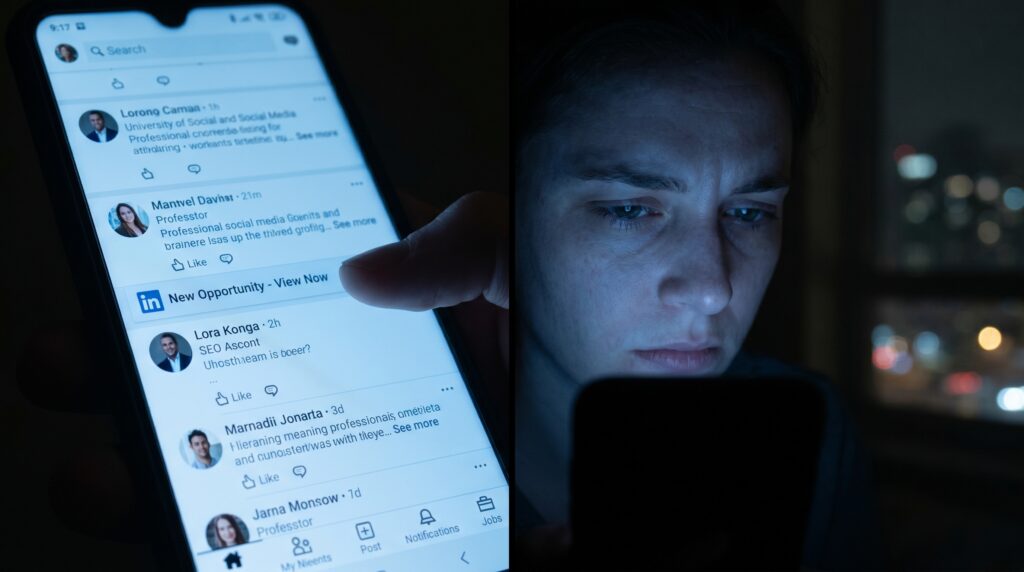 man scrolling LinkedIn feed on phone at night, city lights in background