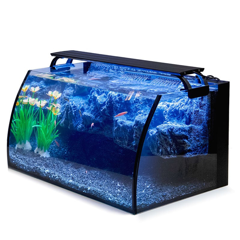hygger 8 gallon curved glass fish tank kit with LED light and 3D rock background