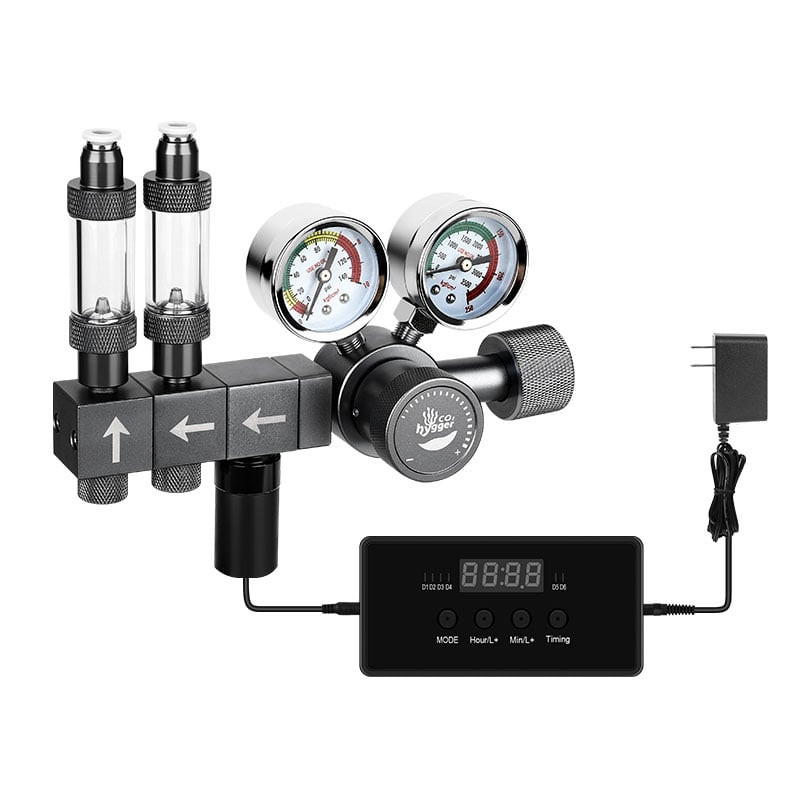 hygger dual gauge CO2 regulator with two bubble counters and timer