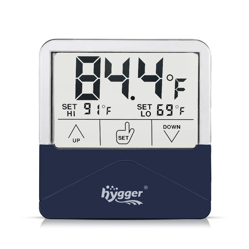 hygger External Aquarium Thermometer showing the water temperature and high and low alert settings