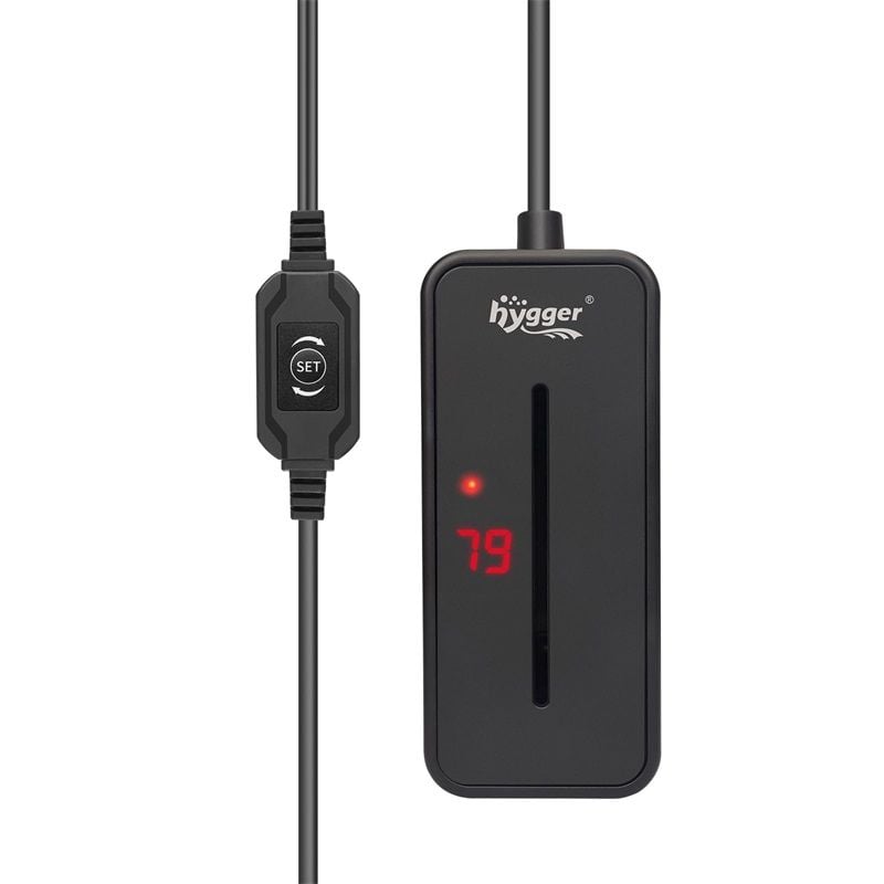 hygger Tiny Titan Water Heater, a flat heater with a temperature display and a set knob on the cord